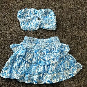 SHEIN Blue And White Striped Twist-Front Bandeau Top And Tiered Skirt Set, 2pcs